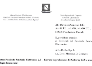 Campania: Fascicolo Sanitario Elettronico 2.0. Entrata in produzione del Gateway EDS e nuove tipologie documentali. Nota della Regione Campania inviata alle AA.SS.LL.