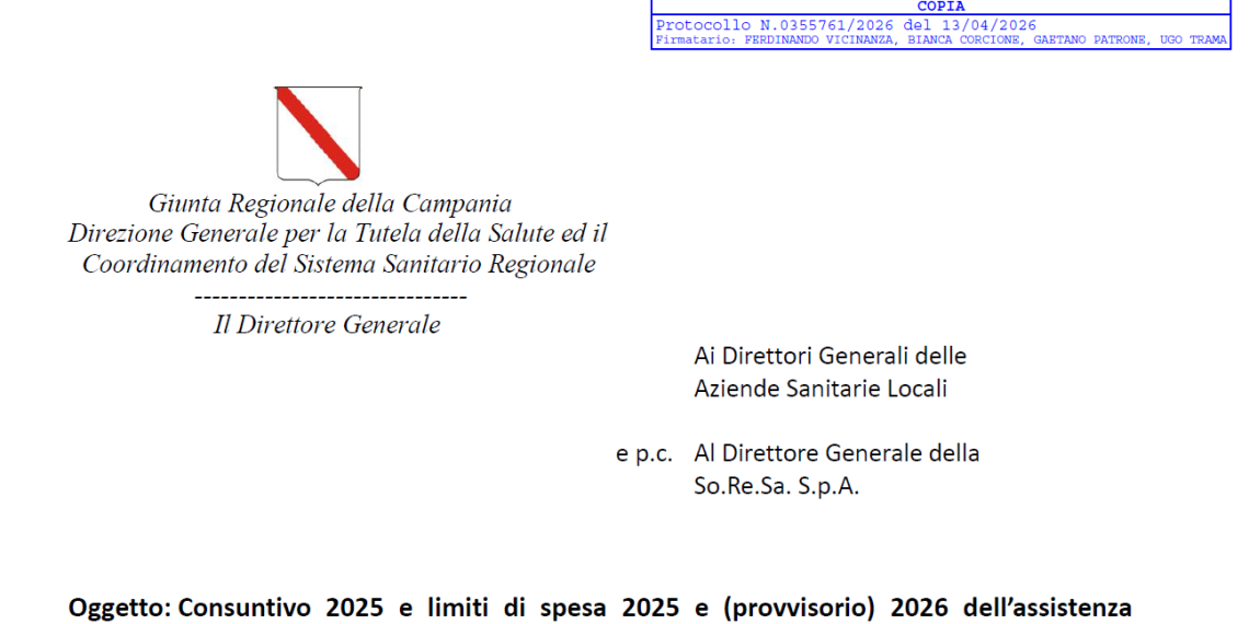 Campania: Consuntivo 2025 e limiti di spesa 2025 e (provvisorio) 2026 dell’assistenza specialistica ambulatoriale erogata dalle strutture private accreditate. Nota Direzione Generale Tutela per la Salute del 13.04.2026