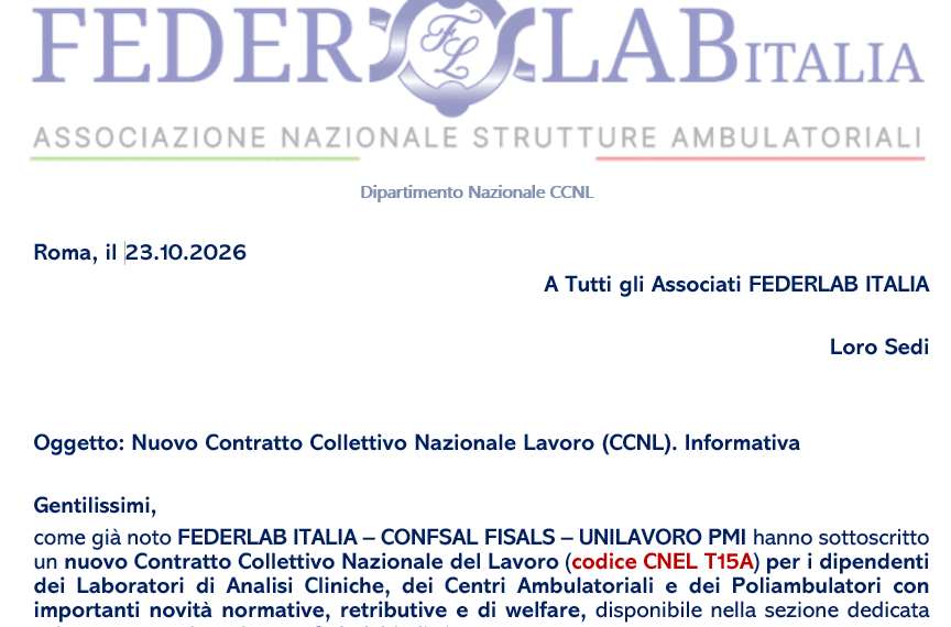 Nuovo Contratto Collettivo Nazionale Lavoro (CCNL) FEDERLAB ITALIA. Informativa agli Associati del 23.10.2026